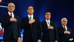 Saylovoldi kampaniyasiga millionlab dollar pul sarflanadi... Prezidentlikka respublikachi da'vogarlar, chapdan Ron Pol, Rik Santorum, Mitt Romni va Nyut Gingrich