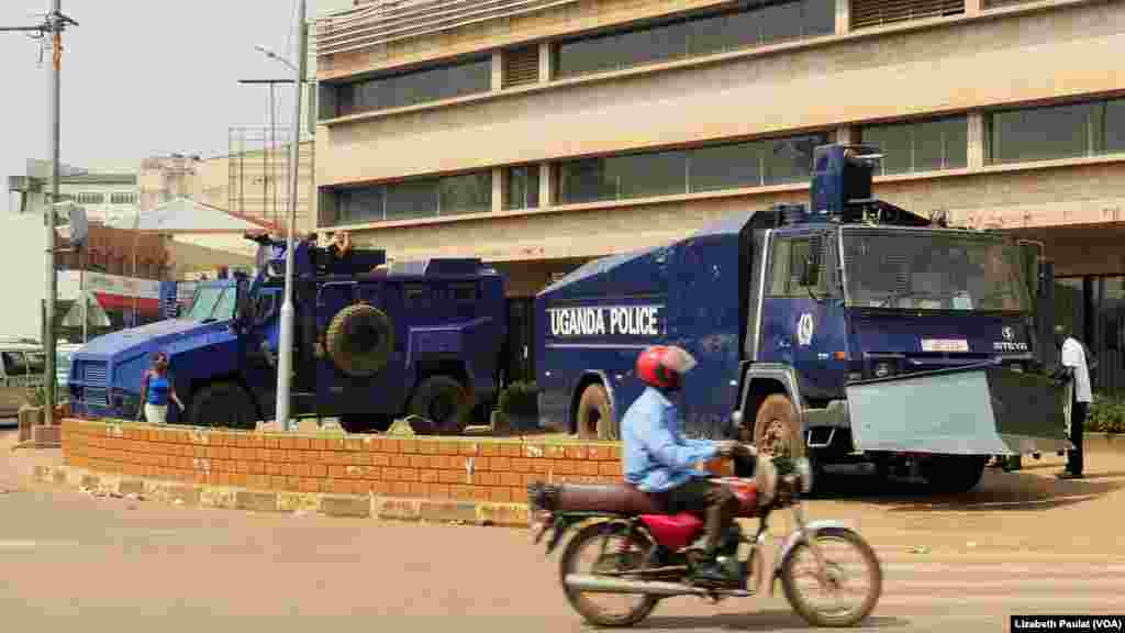 The police presence in Kampala, Uganda, during local elections was high. Public Order Management vehicles were parked at the city's main intersection, Feb. 24, 2016.