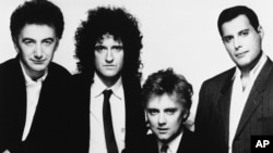Members of rock band Queen from left to right are John Deacon, Brian May, Roger Taylor and Freddie Mercury in 1989. The band's 1975 song "Bohemian Rhapsody" has become the most-streamed song from the 20th century.