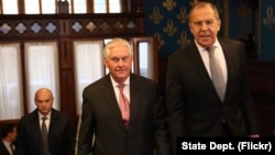 U.S. Secretary of State Rex Tillerson with Russian Foreign Minister Sergei Lavrov ahead of their bilateral meeting at the Osobnyak Guest House in Moscow, Russia, on April 12, 2017. 