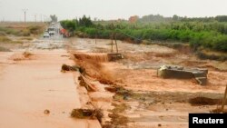 Crues au sud de Marrakech, le 31 octobre 2012, après des pluies torrentielles ayant provoqué de nombreux dégats au Maroc.