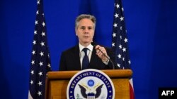 Державний секретар США Ентоні Блінкен під час прес-конференції в Ріо-де-Жанейро, Бразилія, 22 лютого 2024 року. (Фото Pablo PORCIUNCULA / AFP) (Photo by Pablo PORCIUNCULA / AFP)