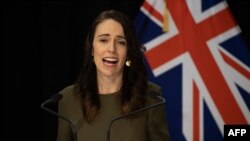 FILE - New Zealand's Prime Minister Jacinda Ardern speaks to the media during a press conference at the Parliament in Wellington, Aug. 17, 2020.