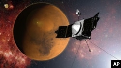 La sonde MAVEN approche la planète Mars dans pour étudier son atmosphère supérieure. Image de la NASA