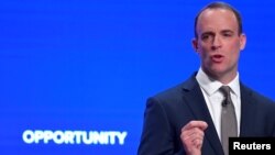 Britain's Secretary of State for Exiting the European Union Dominic Raab delivers his keynote address to the Conservative Party Conference in Birmingham, Britain, Oct. 1, 2018. 