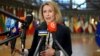 European Union foreign policy chief Kaja Kallas speaks with the media as she arrives for a meeting of EU foreign ministers at the European Council building in Brussels, Jan. 27, 2025.