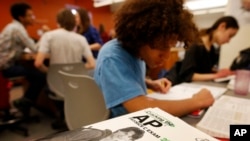 FILE - Students work in their Advanced Placement (AP) Physics class at Woodrow Wilson High School in Washington, Feb. 7, 2014.