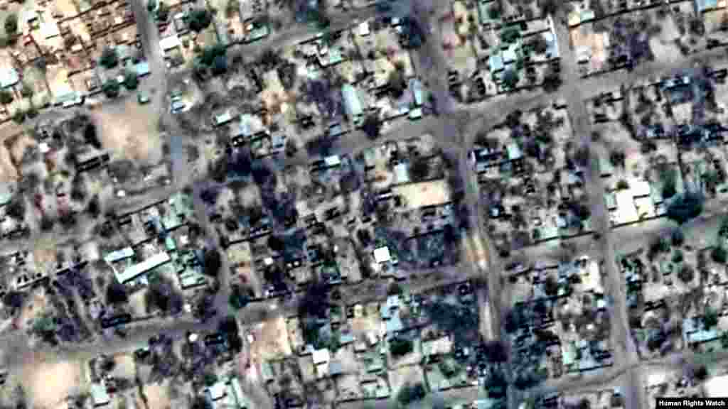 Post-violence view of Baga (Main Damage Area 2) on March 26, 2013. Tantance lalatar: Kungiyar Human Rights Watch; Na’urar Tauraron Dan Adam: Pleiades-1A Image Copyright: CNES 2013. Source: Astrium.