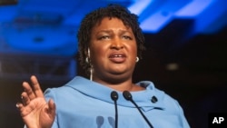FILE - Stacey Abrams addresses supporters during an election night watch party in Atlanta, during her Georgia Democratic gubernatorial candidacy, Nov. 6, 2018.