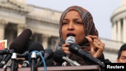 FILE - U.S. Representative Ilhan Omar, D--Minn., speaks at a news conference at the U.S. Capitol in Washington, Feb. 7, 2019.