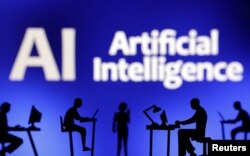 'AI(인공지능)' 문구와 일하는 사람들 실루엣 이미지.