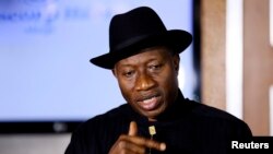 FILE - Nigerian President Goodluck Jonathan speaks to the media on the situation in Chibok, May 9, 2014.