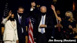Democratic 2020 U.S. presidential nominee Biden and vice presidential nominee Harris celebrate at their election rally in Wilmington