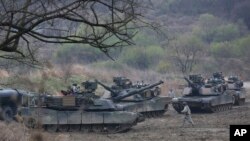 Les chars américains en exercice à Paju, le 14 avril 2017.