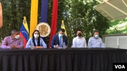 El líder opositor venezolano, Juan Guaidó, en conferencia de prensa en Caracas, el 7 de julio de 2021. [Foto: VOA/Álvaro Algarra]