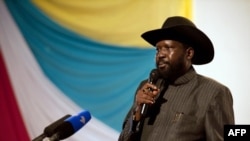 South Sudan President Salva Kiir delivers a speech on the eve of of the country's first anniversary at Nyakuron Cultural Centre in Juba, July 8, 2012. 