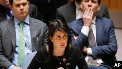 Nikki Haley devant le Conseil de sécurité de l'ONU, le 18 janvier 2018. 